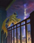  bird blue_eyes building cityscape claws commentary_request fence from_below highres lightning looking_down mei_ford outdoors pokemon rain silhouette squatting tower yellow_fur zapdos zeraora 