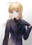  1girl absurdres ahoge artoria_pendragon_(fate) black_jacket black_necktie black_shirt black_sleeves blonde_hair closed_mouth collared_shirt fate/stay_night fate/zero fate_(series) floating_hair formal gradient gradient_background green_eyes grey_background highres hitotsuyama_jitan jacket long_hair long_sleeves necktie ponytail saber shirt sidelocks solo upper_body white_background wing_collar 
