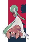  absurdres brown_eyes colored_skin commentary gardevoir green_hair hand_up highres leaning_forward looking_down parasect pillarboxed pokemon_(creature) red_background signature symbol-only_commentary toukashi_(2tou9) white_skin 