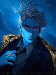  1boy absurdres alexandria_monik artist_name blue_background blue_skin colored_skin ear_piercing english_commentary formal hades_(lore_olympus) halo highres jewelry looking_at_viewer lore_olympus male_focus piercing portrait red_eyes ring solo suit watermark white_hair 