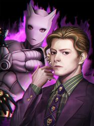  1boy aura black_background black_eyes blazer blonde_hair closed_mouth cowboy_shot dark_aura diamond_wa_kudakenai expressionless formal green_shirt highres jacket jojo_no_kimyou_na_bouken killer_queen kira_yoshikage long_sleeves looking_at_viewer male_focus minami_koyogi necktie purple_jacket purple_necktie shirt short_hair skull_print stand_(jojo) striped striped_shirt suit veins vertical-striped_shirt vertical_stripes 