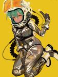  1girl absurdres closed_mouth green_hair hair_between_eyes hand_up highres index_finger_raised looking_at_viewer original polilla simple_background smile solo space_helmet spacesuit white_footwear yellow_background yellow_eyes 