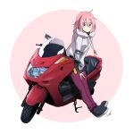  1girl absurdres ahoge bangs black_footwear black_hoodie blue_eyes boots drawstring ground_vehicle hair_between_eyes highres hood hoodie kagamihara_nadeshiko leaning_against_motorcycle long_sleeves looking_at_viewer motor_vehicle motorcycle pants pink_background pink_hair purple_pants scooter signature smile solo two-tone_background two-tone_hoodie white_background white_hood white_hoodie yamaha yamaha_majesty yasu_(pixiv) yurucamp 