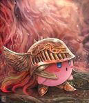  :o absurdres armor blue_eyes blush commentary cosplay crossover elden_ring english_commentary helmet highres kirby kirby_(series) long_hair malenia_blade_of_miquella malenia_blade_of_miquella_(cosplay) no_humans standing uchivstheworld winged_helmet 