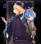  1boy 1girl ahoge aiguillette animal_ears blonde_hair blue_bow blue_bowtie blue_cape blue_capelet blue_eyes blue_hair blue_headwear blue_pants blue_shirt bow bowtie brown_jacket buttons cabbie_hat cape capelet cat_ears commentary_request diamond_button finger_to_cheek grey_vest grin hair_ornament hat hatsune_miku highres jacket long_hair long_sleeves looking_at_viewer looking_to_the_side looking_up pants plaid plaid_vest pom_pom_(clothes) pom_pom_hair_ornament project_sekai shirt smile sparkling_eyes star_(sky) teeth tenma_tsukasa very_long_hair vest vocaloid wanaxtuco white_shirt wonderlands_x_showtime_(project_sekai) yellow_eyes 
