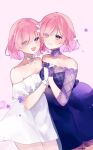 2girls bare_shoulders blush closed_mouth collarbone commentary_request detached_collar dress dual_persona fate/grand_order fate_(series) flower formal gloves hair_flower hair_ornament holding_hands looking_at_viewer mash_kyrielight mash_kyrielight_(chaldea_dinnertime) mash_kyrielight_(formal_dress) misaki346 multiple_girls off-shoulder_dress off_shoulder official_alternate_costume open_mouth pink_hair purple_dress purple_gloves see-through see-through_sleeves short_hair sleeveless sleeveless_dress smile violet_eyes white_dress white_flower white_gloves 