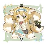  1girl animal_ears arknights bag bangs black_cat black_footwear blonde_hair blue_hairband blue_skirt blush cat chibi closed_mouth commentary_request crossover fox_ears fox_girl fox_tail frilled_hairband frills full_body green_eyes hairband heixiu jacket kaqiusha821 kitsune long_sleeves looking_at_viewer luoxiaohei multicolored_hair neck_ribbon on_head puffy_long_sleeves puffy_sleeves red_ribbon ribbon shirt shoes shoulder_bag skirt smile socks suzuran_(arknights) suzuran_(spring_praise)_(arknights) tail the_legend_of_luo_xiaohei two-tone_hair white_hair white_jacket white_shirt white_socks 