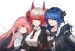  ... 3girls animal_ears arknights bird_ears black_jacket blue_eyes blue_hair breasts bright_pupils collared_shirt commentary_request detached_wings energy_wings fiammetta_(arknights) frown fur-trimmed_hood fur_trim gloves grey_gloves hair_between_eyes halo hand_on_another&#039;s_shoulder highres hood hood_down hooded_jacket jacket lemuen_(arknights) long_hair long_sleeves mabing medium_breasts mostima_(arknights) multiple_girls necktie open_clothes open_jacket parted_lips pink_hair red_eyes red_necktie redhead shirt short_hair short_necktie simple_background smile striped striped_shirt white_background white_pupils white_shirt wings 