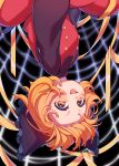  1girl absurdres black_bow black_shirt blonde_hair blush bow brown_dress brown_eyes dress e_sdss hair_bow highres kurodani_yamame long_sleeves open_mouth shirt short_hair silk solo spider_web touhou upper_body upside-down 