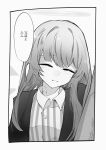 1girl absurdres ao_oni_(onioni-aoi) arknights bandaid bandaid_on_neck bangs border closed_eyes collared_shirt facing_viewer greyscale halo highres jacket lemuen_(arknights) long_hair monochrome open_clothes open_jacket parted_lips shirt smile solo speech_bubble striped striped_shirt translated upper_body vertical-striped_shirt vertical_stripes