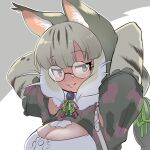  1girl animal_costume animal_ear_fluff animal_ears belt breasts cat_ears cat_girl extra_ears glasses green_eyes grey_hair highres jungle_cat_(kemono_friends) kemono_friends kemono_friends_v_project large_breasts looking_at_viewer mcgunngu multicolored_hair ribbon scarf shirt simple_background smile solo virtual_youtuber 