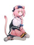  1girl animal_ears arknights blue_bow blue_choker blue_hairband bow braid braided_ponytail buiinq cat_ears cat_tail choker floppy_ears goldenglow_(arknights) hair_bow hair_ornament hairband hairclip highres jacket lightning_bolt_print lightning_bolt_symbol long_sleeves pink_footwear pink_hair pink_jacket shirt shoes short_sleeves simple_background sitting sneakers solo tail tears thigh-highs wariza white_background white_shirt white_thighhighs yellow_eyes 
