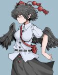  1girl :/ bag bird_wings black_skirt black_wings breasts closed_mouth collared_shirt fe_(tetsu) grey_background hat highres pom_pom_(clothes) red_eyes red_headwear shameimaru_aya shirt short_sleeves shoulder_bag simple_background skirt solo tokin_hat touhou white_shirt wings 