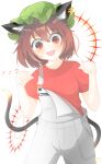  1girl :3 absurdres animal_ears brown_hair cat_ears cat_tail chen earrings green_headwear hat highres jewelry multiple_tails nekomata open_mouth overalls paw_pose short_hair single_earring solo suwa_(au_swap) tail touhou two_tails 