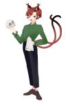 10000_we 1boy :d absurdres animal_ear_fluff animal_ears black_pants cat_ears cat_tail full_body genderswap genderswap_(ftm) green_shirt highres holding holding_skull kaenbyou_rin looking_at_viewer male_focus nekomata open_mouth pants shirt simple_background skull smile solo standing tail touhou white_background