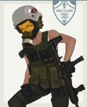  1girl absurdres assault_rifle bare_arms black_gloves black_pants bulletproof_vest finger_on_trigger gas_mask gloves gun handgun helmet highres holding holding_gun holding_weapon holster knee_up leaning_forward looking_at_viewer mask military military_helmet military_uniform orange_eyes original pants polilla pouch respirator rifle scar scar_on_face scope solo uniform weapon 