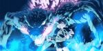  1girl animated animated_gif blue_eyes blue_fire cotton_(artist) dinosaur embers energy fire glowing glowing_mouth glowing_spikes godzilla godzilla_(series) kaijuu looking_at_viewer lowres plasma purple_fire size_difference skirt spikes touhou wind 