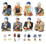  4boys ? alcohol archer_(fate) archer_alter_(fate) beanie beer beer_mug black_suit black_tank_top blue_hair blue_shirt blue_suit bowl bread cheese chicken_wing closed_eyes closed_mouth commentary corruption crimo cu_chulainn_(caster)_(fate) cu_chulainn_(fate) cup cutlery dark-skinned_male dark_skin denim denim_jacket donburi drink drinking drinking_glass egg fate/grand_order fate/stay_night fate_(series) food fork formal fruit fur-trimmed_jacket fur_trim grey_suit hat highres holding holding_bowl holding_food holding_fork holding_pizza ice_cream jacket japanese_clothes kimono lemon lemon_slice lobster long_hair looking_at_object mug multiple_boys musical_note omelet own_hands_together oyster pizza red_eyes red_tank_top sashimi seashell shell shirt shoes short_hair steak steam suit sushi symbol-only_commentary t-shirt tank_top teapot upper_body variations white_background white_hair white_shirt wine_glass 