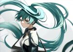  1girl aqua_eyes aqua_hair black_jacket blue_hair breasts collar hair_between_eyes hatsune_miku highres jacket long_hair medium_breasts miyanami_3 noizu_(noi_hr) shirt solo twintails very_long_hair vocaloid white_shirt 