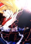  1girl absurdres alice_margatroid bangs blonde_hair blue_dress bois_de_justice capelet commentary_request cookie_(touhou) dies_irae dress frilled_hairband frills grin hairband highres hinase_(cookie) looking_at_viewer looking_to_the_side necktie reaching_out red_eyes red_hairband red_necktie renka_mz shinza_bansho_series short_hair smile solo touhou upper_body white_capelet 