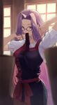  1girl absurdres buttons commentary_request fate/grand_order fate_(series) forehead glasses hair_intakes highres indoors kanzakimitoto long_hair medusa_(fate) medusa_(rider)_(fate) mouth_hold official_alternate_costume purple-framed_eyewear purple_hair short_sleeves solo sunlight upper_body very_long_hair violet_eyes window 