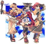  2000s_(style) 3girls acolyte_(ragnarok_online) archer_(ragnarok_online) arrow_(projectile) artist_request bangs belt biretta black_eyes black_thighhighs blonde_hair blue_dress boots bow_(weapon) brown_capelet brown_dress brown_footwear brown_gloves brown_hair brown_shirt brown_skirt capelet cat chest_guard dress full_body gloves hair_between_eyes holding holding_bow_(weapon) holding_club holding_sword holding_weapon katana long_hair looking_to_the_side lowres multiple_girls open_mouth pantyhose ragnarok_online redhead shirt shoes short_dress short_hair short_sleeves skirt sword swordsman_(ragnarok_online) thigh-highs weapon 