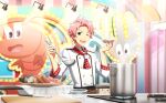  1boy antenna_hair blue_eyes fingernails food fork highres holding holding_spoon idolmaster idolmaster_side-m idolmaster_side-m_live_on_stage! kabuto_daigo kettle kitchen_knife labcoat light looking_at_viewer male_focus official_art one_eye_closed open_mouth pink_hair smile spoon spotlight stove teeth upper_teeth 