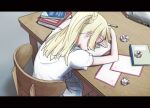  1girl blonde_hair book chair commentary_request computer crossed_arms crumpled_paper from_behind laptop letter lillie_(pokemon) pen pokemon pokemon_(game) pokemon_sm ponytail ruidusxyq shirt skirt sleeping solo table white_shirt white_skirt 