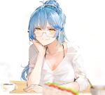  1girl bespectacled blue_hair breasts coffee collarbone cup elf food funi_mu9 glasses hololive large_breasts long_sleeves mug pointy_ears ponytail sandwich shirt simple_background smile solo upper_body virtual_youtuber white_background white_shirt yellow_eyes yukihana_lamy 