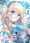  +_+ 1girl absurdres alice_(alice_in_wonderland) alice_in_wonderland bandaid bandaid_on_hand blonde_hair blue_bow blue_eyes blue_hair blue_nails blue_sky blush_stickers bow braid chon_(chon33v) clouds commentary_request day glasses goggles hair_bow hands_up headwear_removed helmet helmet_removed highres holding holding_helmet index_finger_raised jacket long_sleeves looking_at_viewer multicolored_hair nail_art nail_polish original outdoors parted_lips puffy_long_sleeves puffy_sleeves sky sleeves_past_wrists solo streaked_hair traffic_light twin_braids white_jacket 
