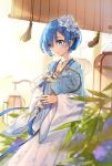  1girl alternate_costume blue_eyes blue_hair blurry blush chinese_clothes chinese_dress cleavage closed_mouth collarbone depth_of_field dress earrings eyebrows eyebrows_visible_through_hair fan female flower flower_pattern hair_between_eyes hair_flower hair_ornament hair_over_one_eye hand_fan hand_fan_pattern hanfu hydrangea jewelry long_sleeves looking_down necklace oil-paper_umbrella oni re:zero_kara_hajimeru_isekai_seikatsu rem_(re:zero) short_hair solo sparkle transparent_fan white_flower wide_sleeves wind woman x_hair_ornament 