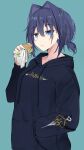  1girl absurdres bangs blue_background blue_eyes blue_hair blue_hoodie burger closed_mouth eating food hair_between_eyes hair_intakes hand_in_pocket highres holding holding_food hololive hololive_english hood hoodie long_sleeves looking_away low_twintails ouro_kronii short_ponytail shuuzo3 simple_background solo twintails 