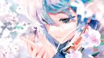  1girl bangs blue_eyes blue_hair blurry blurry_background cherry_blossoms close-up depth_of_field flower hair_between_eyes hatsune_miku highres looking_down own_hands_together parted_lips petals portrait sion001250 solo vocaloid 