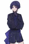  1boy alternate_costume blue_eyes blue_hair blue_shorts earrings genshin_impact gloves highres jewelry long_sleeves puffy_sleeves scaramouche_(genshin_impact) sgm618 short_hair shorts simple_background single_earring smile solo standing white_background 