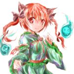  1girl animal_ears bow braid breasts cat_ears dress fire highres hitodama ikazuchi_akira kaenbyou_rin looking_at_viewer medium_breasts no_tail red_eyes redhead simple_background skull smile solo touhou twin_braids white_background 