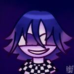  artist_logo bangs blue_hair checkered_clothes checkered_scarf danganronpa_(series) danganronpa_v3:_killing_harmony dated hair_between_eyes highres looking_to_the_side male_focus ouma_kokichi pale_skin purple_background purple_hair scarf short_hair simple_background smile solo springy upper_body violet_eyes 