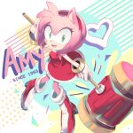  1993 1girl amy_rose big_eyes boots dress furry furry_female gloves hammer hedgehog hedgehog_ears highres open_mouth pink_fur red_dress red_footwear skizze solo sonic_(series) 