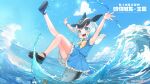  1girl arms_up bangs bare_arms bare_legs black_hair blonde_hair blowhole blue_eyes blue_sky bow bowtie cetacean_tail common_dolphin_(kemono_friends) copyright copyright_name dolphin_girl dorsal_fin dress fins fisheye frilled_dress frills full_moon head_fins highres kemono_friends kemono_friends_kingdom knee_up leg_up looking_at_viewer medium_hair moon multicolored_hair ocean official_art open_mouth outstretched_arms outstretched_hand sailor_collar shoes short_dress sky sleeveless sleeveless_dress smile solo splashing spread_fingers tail tail_fin water white_hair 