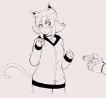  1girl animal_ear_fluff animal_ears blush cat_ears cat_tail choker closed_mouth embarrassed greyscale highres holding holding_money hood hood_down hoodie implied_prostitution medium_hair money monochrome nyantcha original tail wide-eyed 