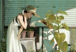  1girl absurdres adjusting_hair air_conditioner black_hair closed_eyes closed_mouth day dress flower hand_up hat highres kento_matsuura long_hair original outdoors plant potted_plant shadow solo straw_hat summer sun_hat sundress sunflower white_dress yellow_flower 