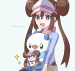  1girl :d absurdres bangs blue_eyes bow bright_pupils brown_hair character_doll commentary_request doll double_bun doughnut_hair_bun eyelashes hair_between_eyes hair_bun happy highres holding holding_doll jayj_824 on_lap open_mouth oshawott pink_bow pokemon pokemon_(creature) pokemon_(game) pokemon_bw2 pokemon_on_lap rosa_(pokemon) shorts smile sparkle tongue twintails visor_cap white_background white_pupils yellow_shorts 