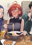  1boy 2girls 92m ahoge alcohol bangs bare_shoulders beer black_sweater blue_eyes blue_hair blush breasts chopsticks food full-face_blush glasses grin highres holding holding_chopsticks jewelry kinshi_no_ane large_breasts looking_at_another multiple_girls necklace open_mouth original pink_eyes red-framed_eyewear redhead semi-rimless_eyewear sleeveless sleeveless_sweater sleeveless_turtleneck smile solo_focus sweater swept_bangs translation_request turtleneck upper_body 
