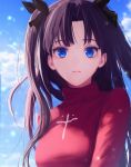  1girl aomaru_(shta-chu-jisuiai) bangs black_bow black_hair blue_eyes bow breasts clouds cloudy_sky commentary_request day fate/stay_night fate_(series) hair_bow highres long_hair long_sleeves looking_at_viewer parted_bangs red_sweater sky solo sweater teeth tohsaka_rin turtleneck turtleneck_sweater twintails two_side_up upper_body upper_teeth 