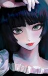  1girl bad_id bad_twitter_id bangs black_hair blunt_bangs closed_mouth fingernails green_eyes head_tilt highres lipstick long_hair looking_at_viewer makeup mole mole_under_eye original portrait red_lips sion001250 smile solo 