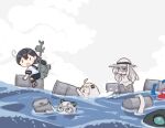  3girls abyssal_ship black_hair black_sailor_collar black_skirt character_name commentary_request dress drum_(container) kantai_collection long_hair machinery multiple_girls northern_little_sister pleated_dress riding saiguchi_otoufu sailor_collar school_uniform serafuku simple_background skirt smokestack ushio_(kancolle) water white_background 