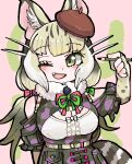  1girl animal_costume animal_ear_fluff animal_ears bow bowtie cat_ears cat_girl cat_tail elbow_gloves gloves green_eyes grey_hair hat highres jungle_cat_(kemono_friends) kanmoku-san kemono_friends kemono_friends_v_project long_hair looking_at_viewer multicolored_hair open_mouth pencil ribbon scarf shirt simple_background skirt smile solo tail twintails virtual_youtuber 