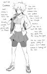  1girl bandaid bandaid_on_cheek bandaid_on_face character_name character_profile closed_mouth english_commentary english_text ge-b greyscale highres holding holding_clothes monochrome navel open_clothes open_shirt original shoes shorts shorts_under_skirt skirt smile sneakers solo tomboy 