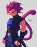  1boy armor arms_at_sides black_shirt clenched_hands closed_mouth commentary_request covered_collarbone dated dragon_ball dragon_ball_legends highres male_focus monkey_tail pink_eyes pink_hair saiyan_armor serious shallot_(dragon_ball) shirt solo standing super_saiyan super_saiyan_god tail turtleneck twitter_username zero-go 