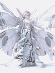  1girl absurdres bangs breasts dress grey_eyes grey_hair hair_between_eyes hand_up highres houtei9 long_hair original shadow solo standing white_background white_dress white_theme white_wings wings 