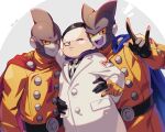  3boys :d ;) \m/ arm_around_waist black_gloves black_hair blue_cape cape closed_mouth colored_sclera colored_skin colored_tongue commentary_request dr._hedo dragon_ball dragon_ball_super dragon_ball_super_super_hero gamma_1 gamma_2 gloves grey_background grey_skin hand_on_another&#039;s_shoulder hand_up happy hood hood_down jacket labcoat long_sleeves looking_at_viewer male_focus multiple_boys one_eye_closed open_mouth purple_tongue red_cape red_ribbon_army short_hair smile teeth tongue twitter_username two-tone_background upper_teeth white_background yellow_gloves yellow_jacket yellow_sclera zero-go zipper_pull_tab 